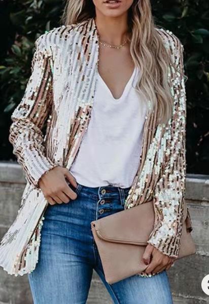Women's Spring Fashionable Sequins Lapel Casual Coats