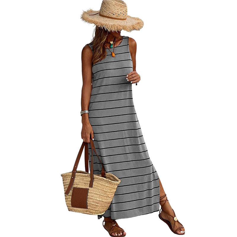 Summer Striped Printed Dress Round Neck Sleeveless High Waist Dresses