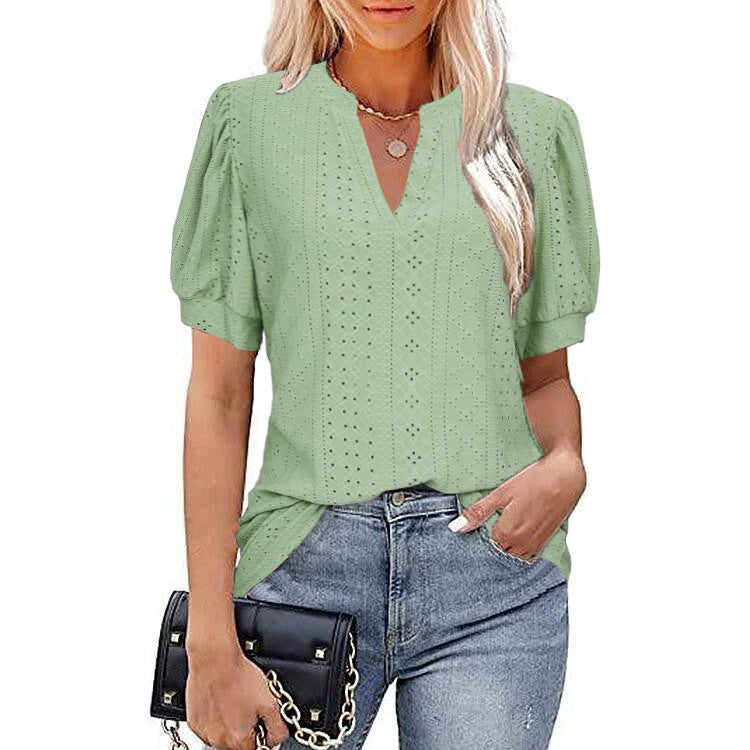 V-neck Solid Color Hollow Puff Sleeve Blouses