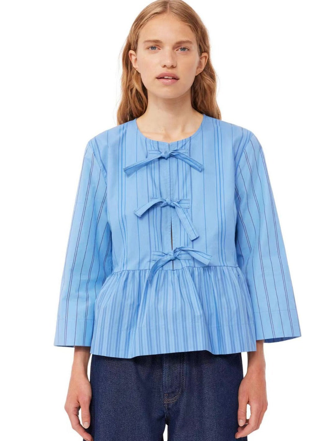 Women's Nordic Cotton Blue Striped Printed Shirt Stitching Tied Blouses