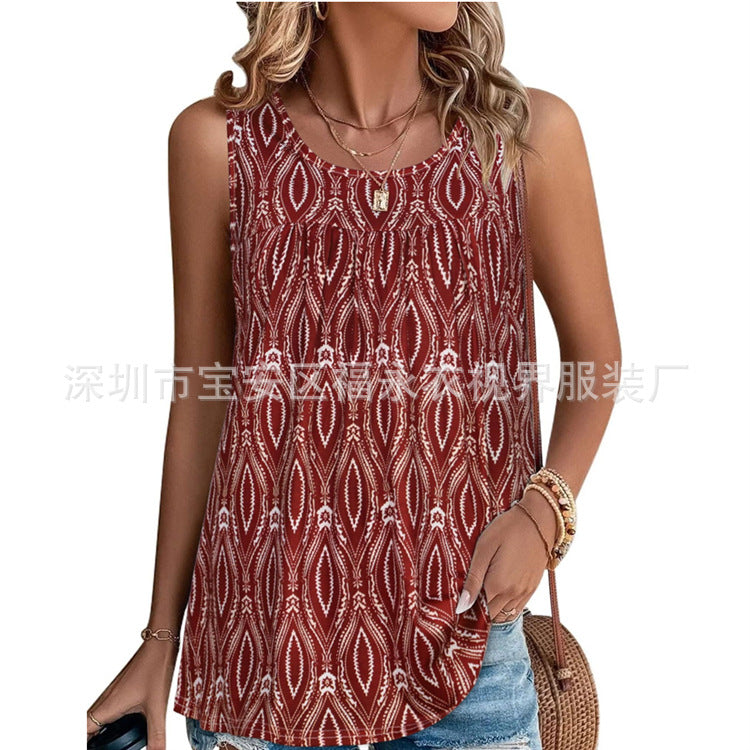 Women's Summer Printed Round Neck Tank Sleeveless T-shirt Casual Blouses