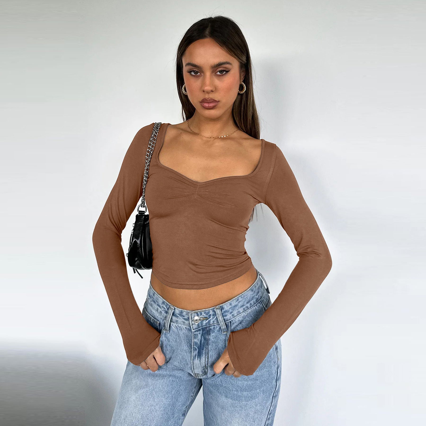 Women's T-shirt Autumn Solid Color Long-sleeved Hot Blouses