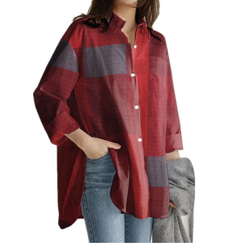 Women's Wear Loose Patchwork Long Sleeve Plaid Blouses