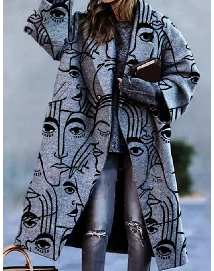 Women's Autumn Long Sleeve Collar Printed Woolen Coats