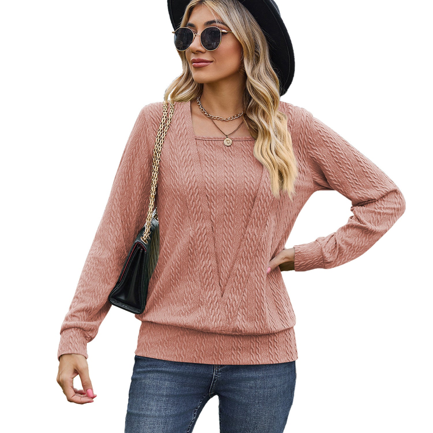 Women's Color Square Collar Cross Loose Long-sleeved Blouses