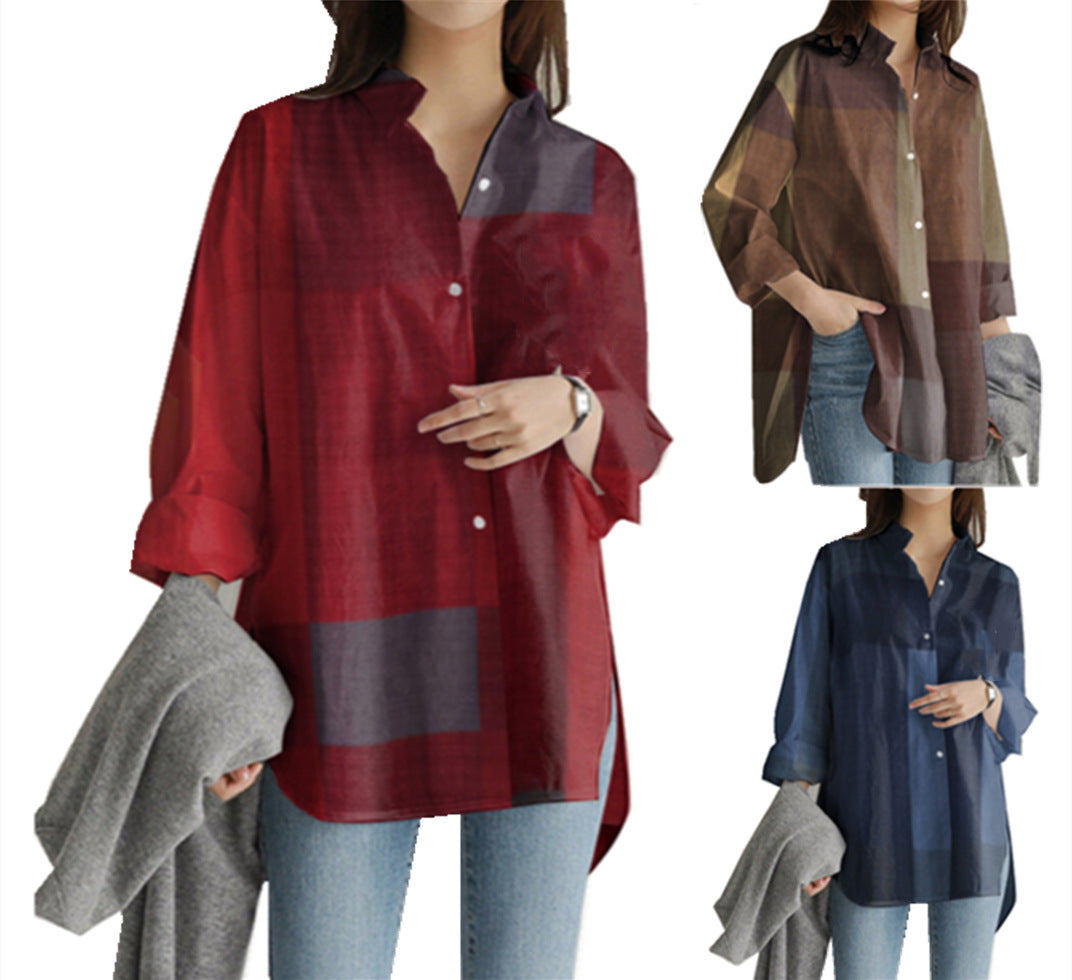 Women's Wear Loose Patchwork Long Sleeve Plaid Blouses