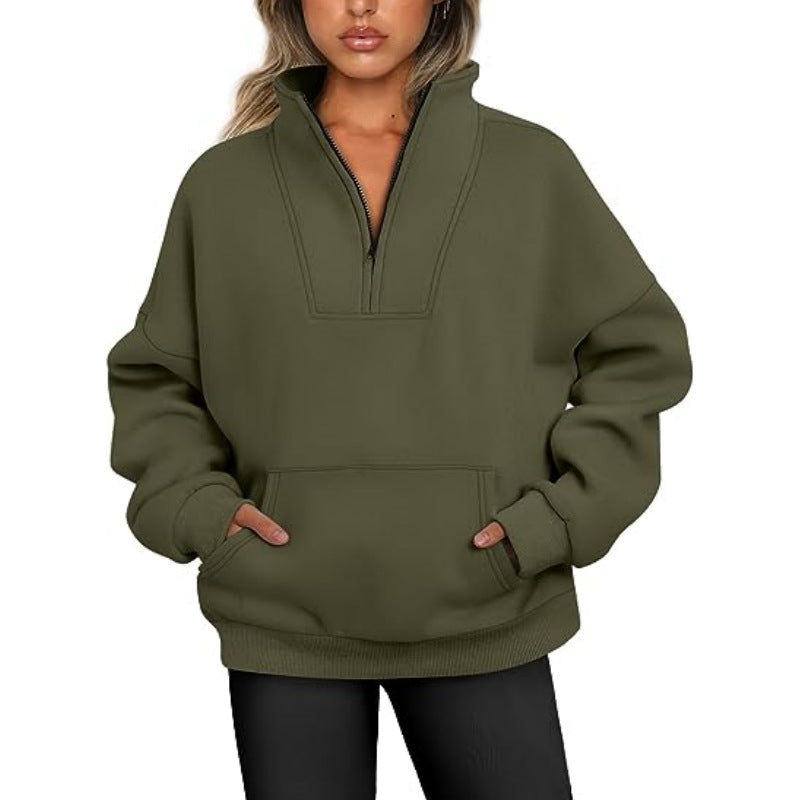 Women's Collar Solid Color Hoodie Pocket Zipper Casual Sweaters