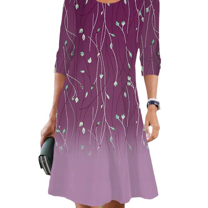 Print Long Sleeve Round Neck Mid-length Dresses