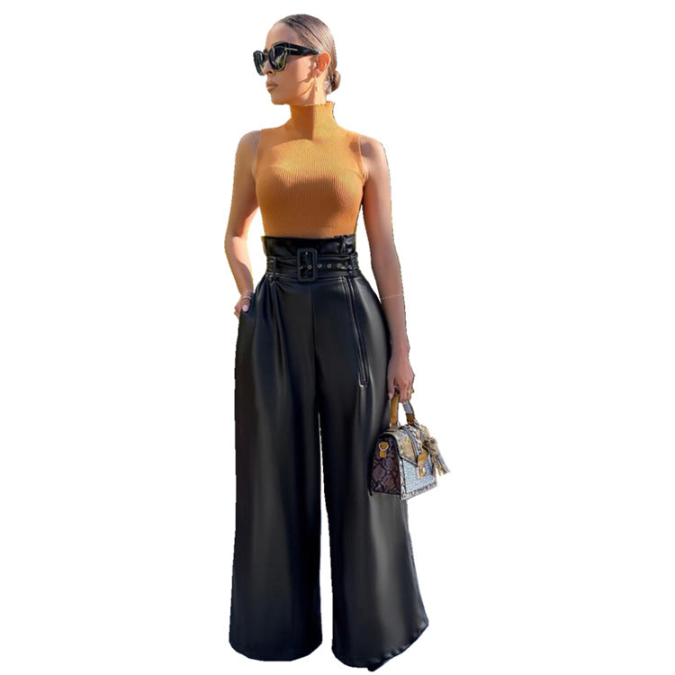 Women's High Waist Leather Nightclub Metal Belt Wide Pants