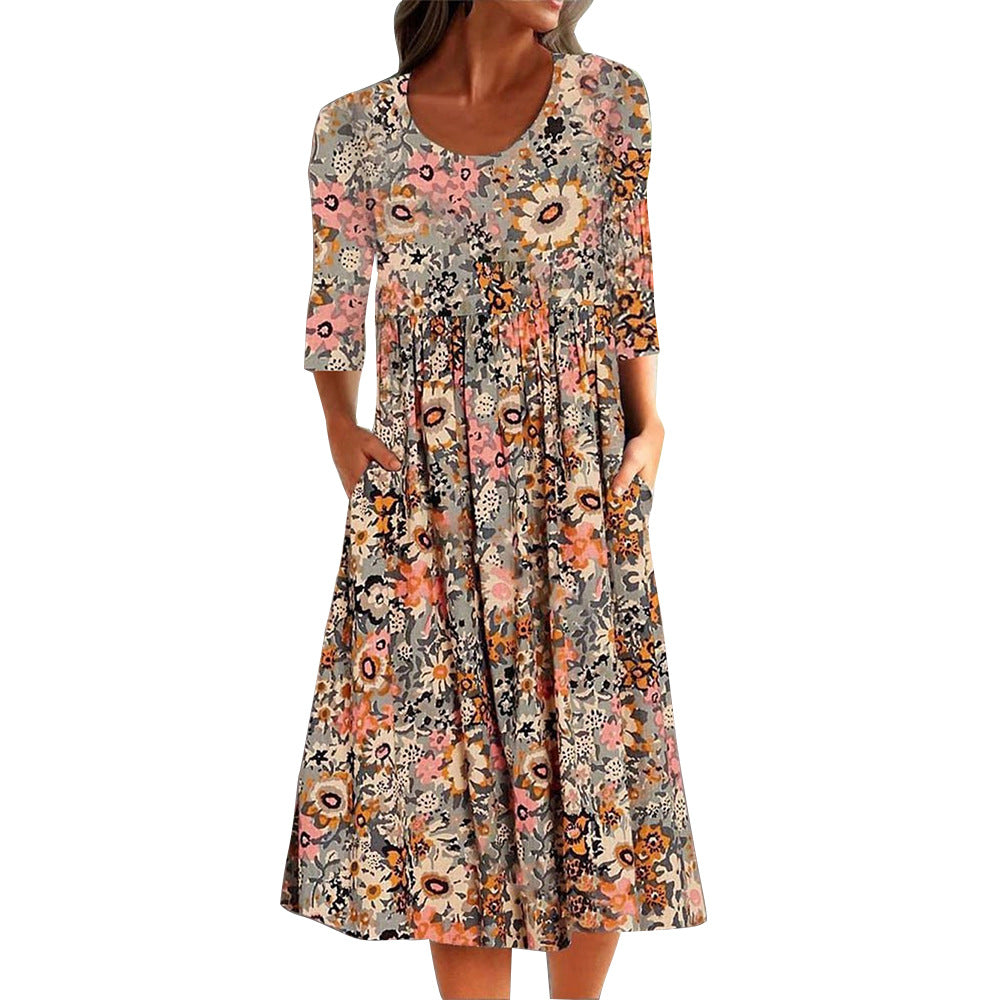 Women's Printed Round Neck Half Sleeve Loose Casual Dresses