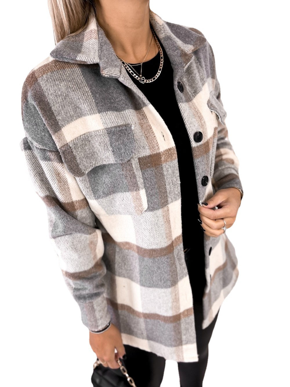 Long Sleeve Single-breasted Plaid Printed Collar Coats