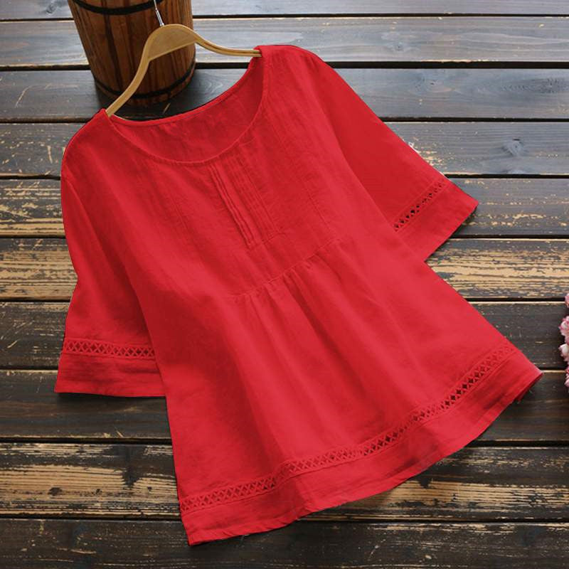 Women's Summer Solid Color Cotton Linen Half Blouses