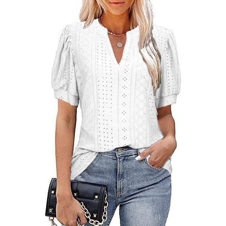 V-neck Solid Color Hollow Puff Sleeve Blouses