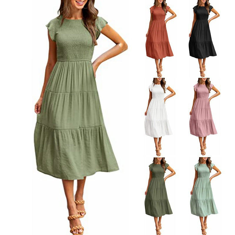 Women's Trendy Flounced Sleeve Pleating Short-sleeved Dresses