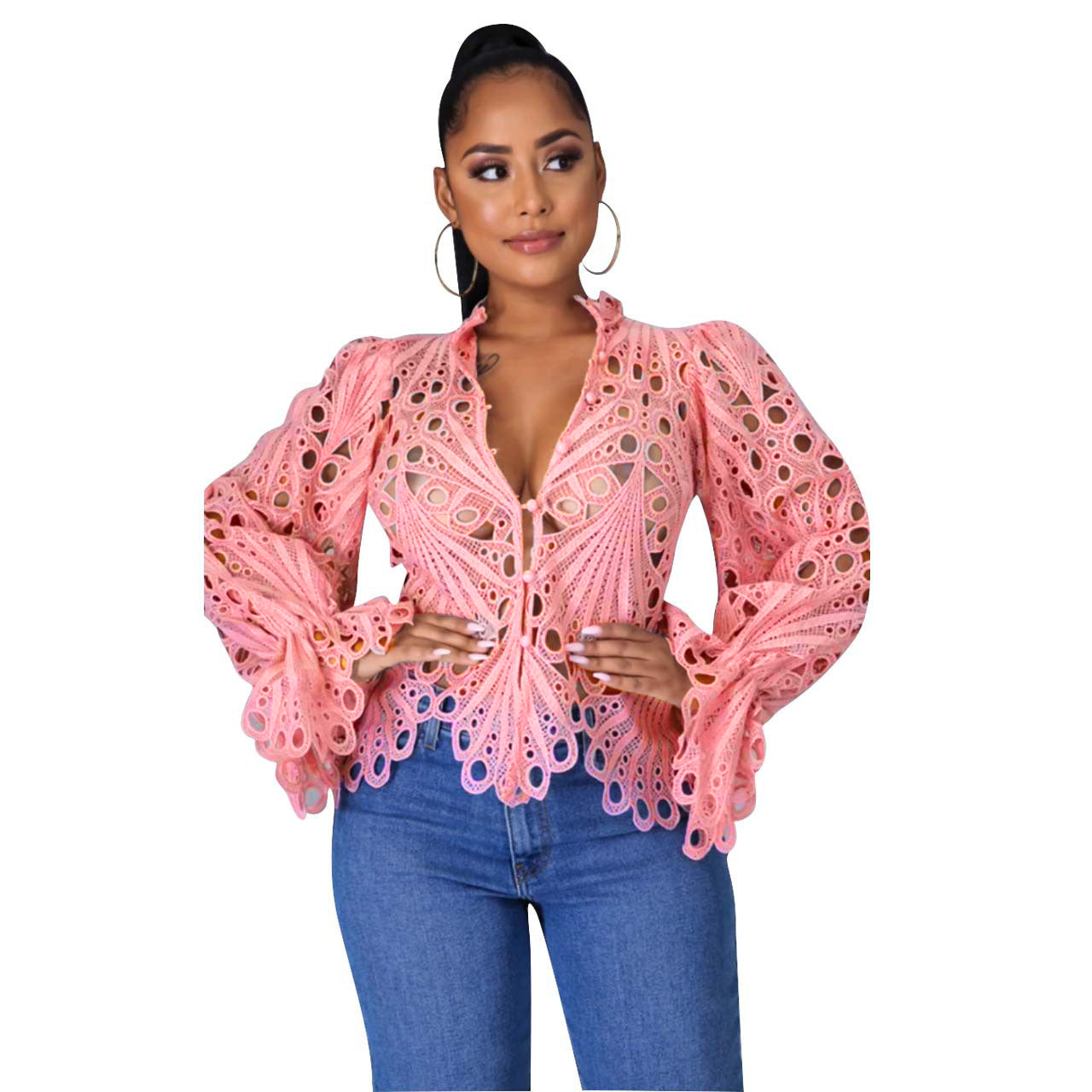 Women's Autumn Ripped Sexy Flare Sleeve Breathable Blouses