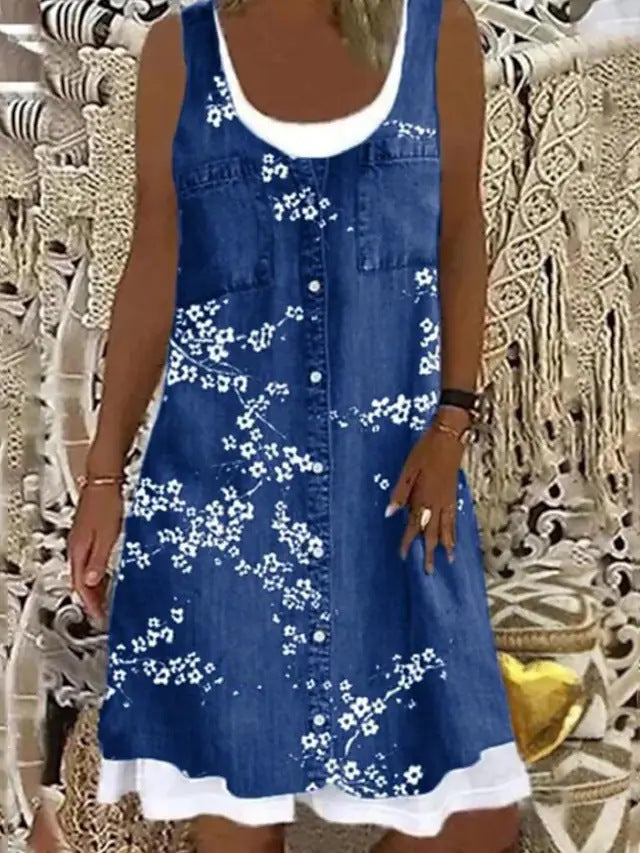 Women's Sleeveless Stitching Printing Casual Dress Dresses