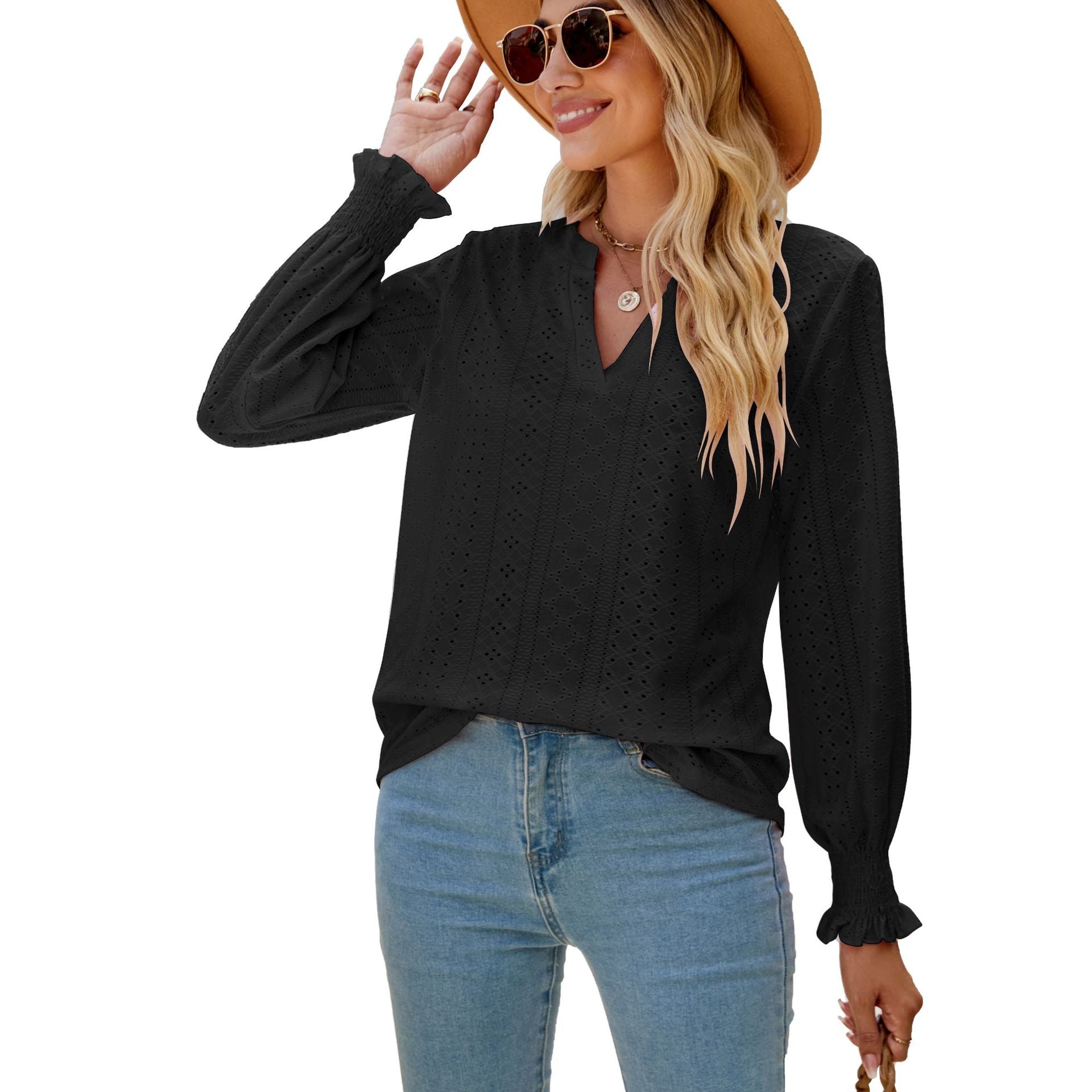 Solid Color Hollow-out Pleated Ruffle Sleeve V-neck Loose Blouses