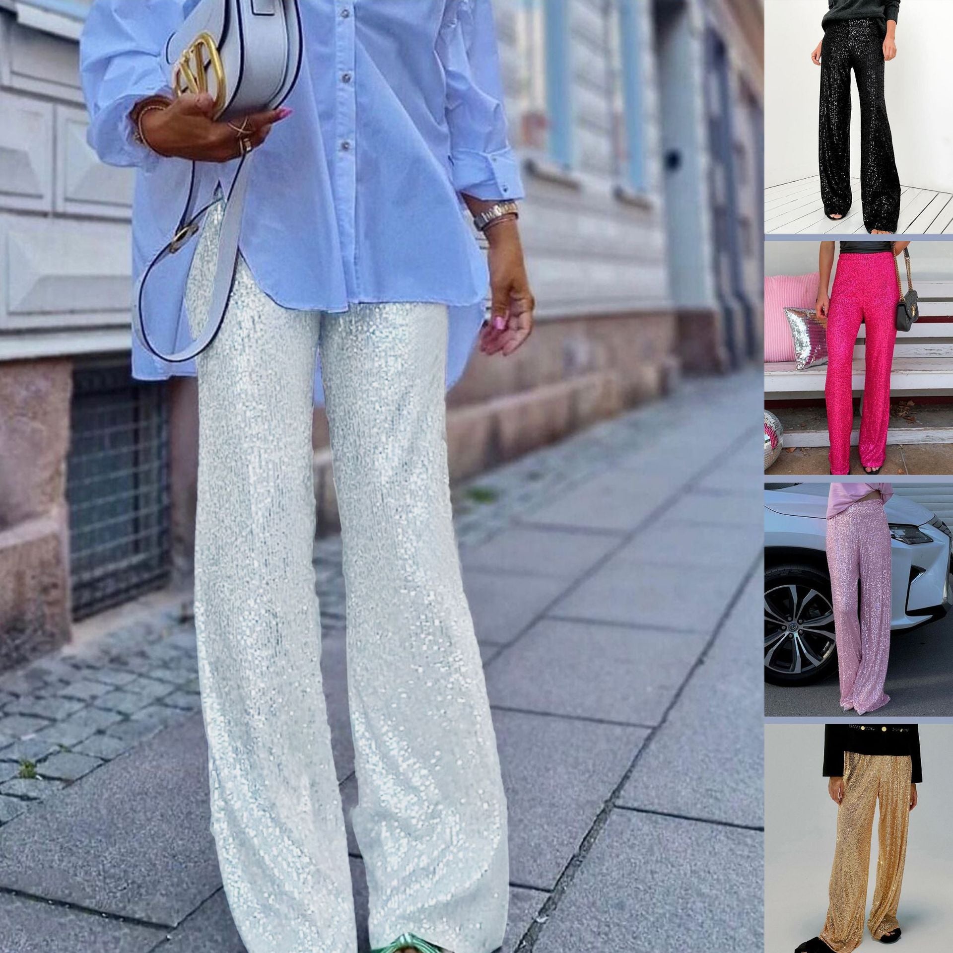 Women's Pure Color Sequins Fashion Casual Straight Pants