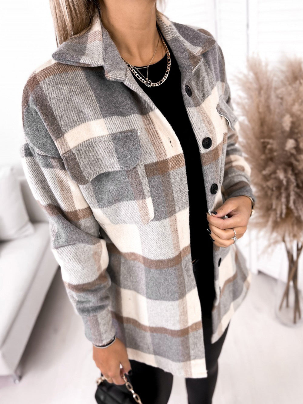 Long Sleeve Single-breasted Plaid Printed Collar Coats