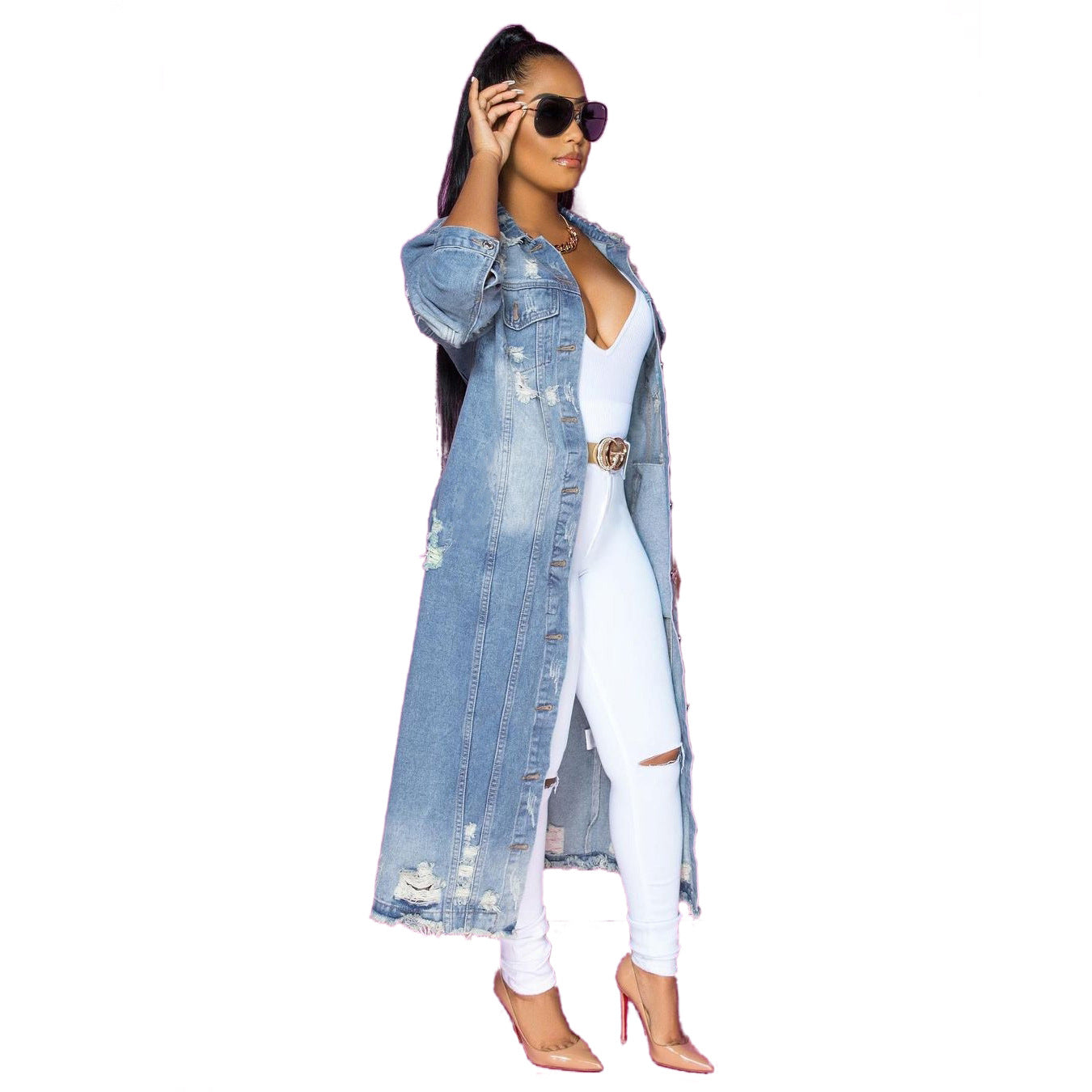 Women's Fashion Ripped Long Sleeves Denim Cloak Coats