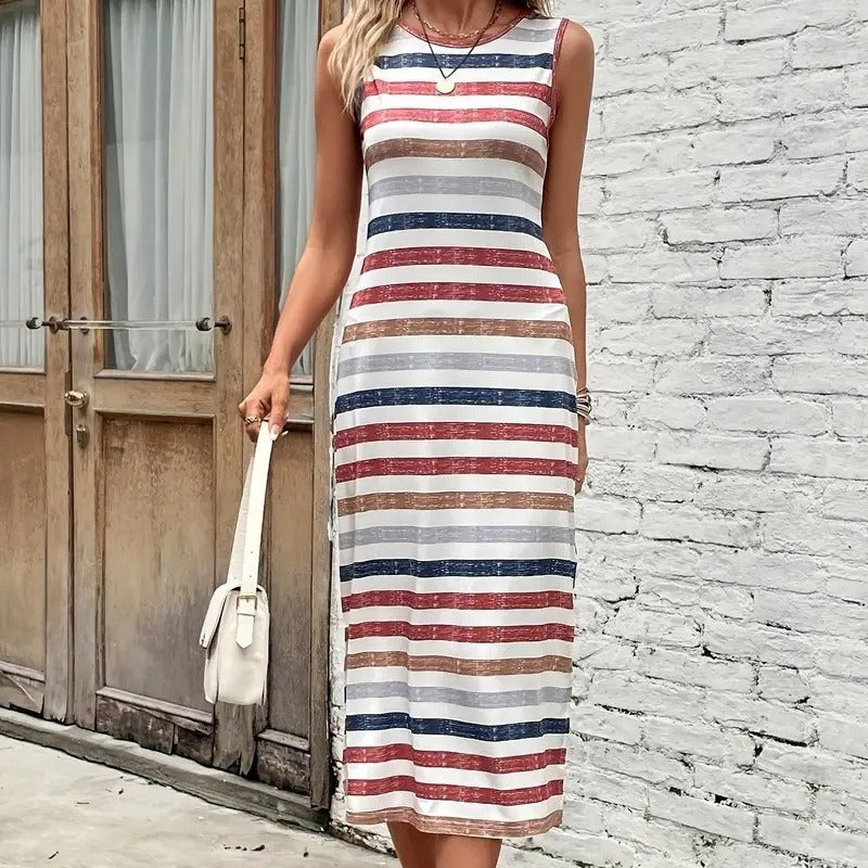 Women's Sleeveless Striped Casual Slit Dress Dresses