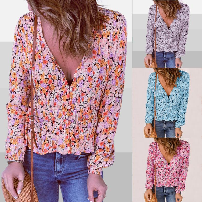 Long Sleeve Floral Chiffon Casual V-neck Blouses