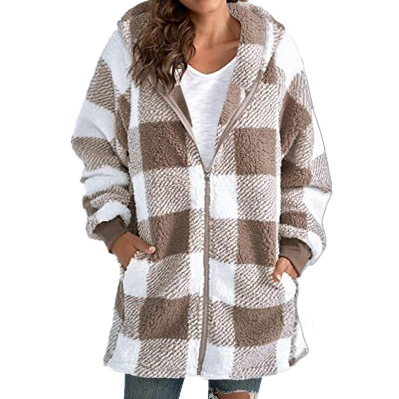 Women's Plush Long-sleeved Plaid Hooded Zipper With Jackets