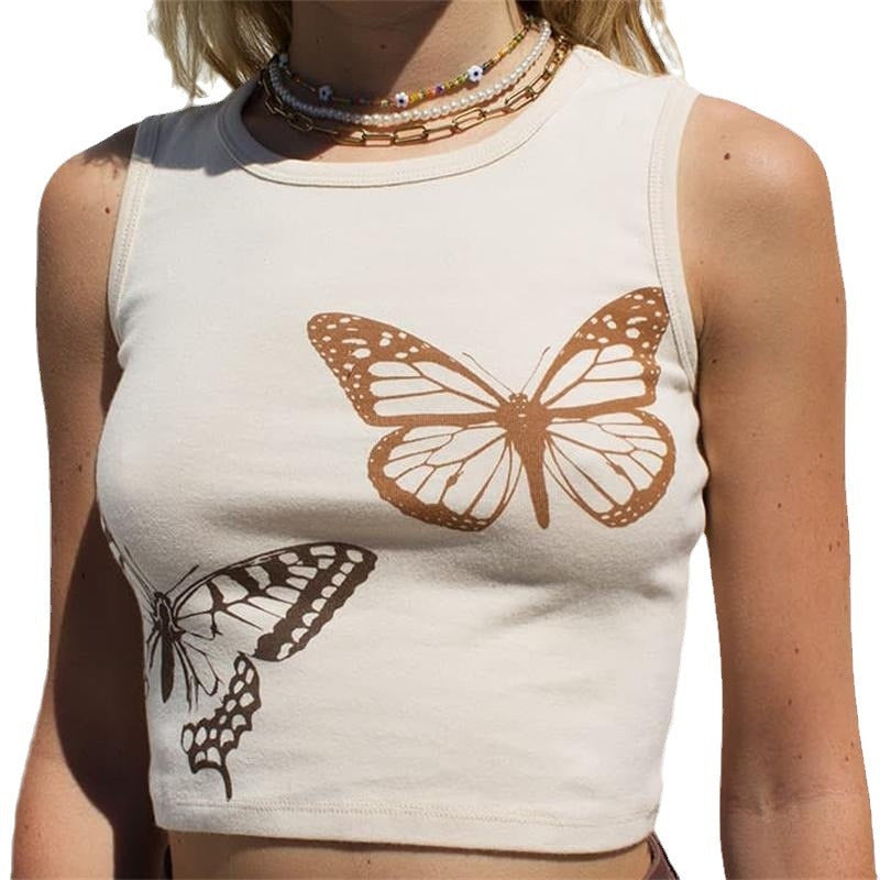 Women's Summer Butterfly Print Sleeveless Round Neck Blouses