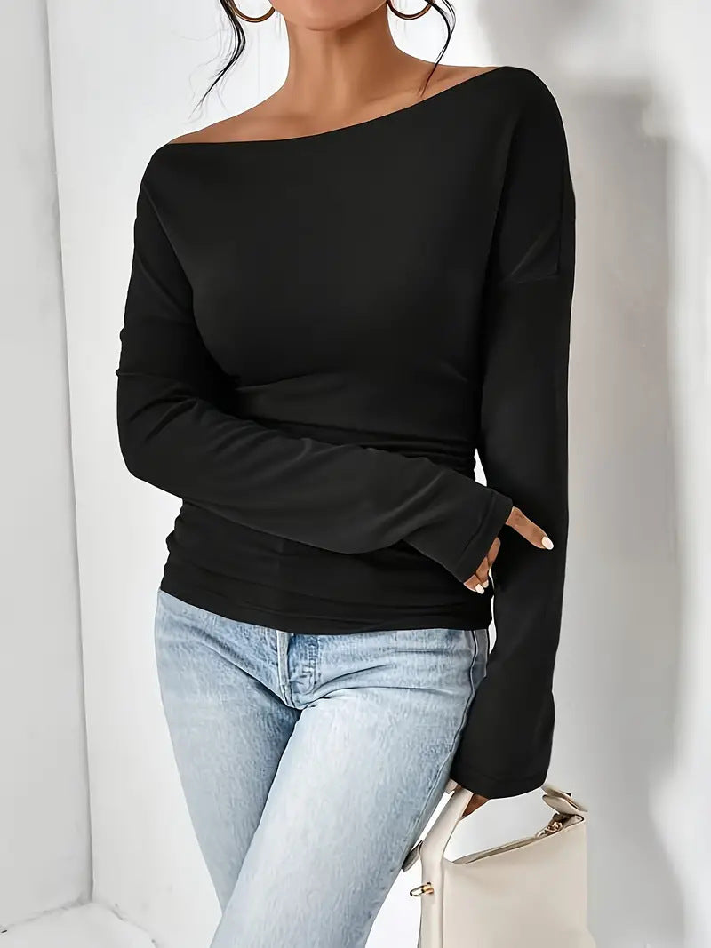 Women's Solid Color Shoulder Long Sleeve Pleated Blouses