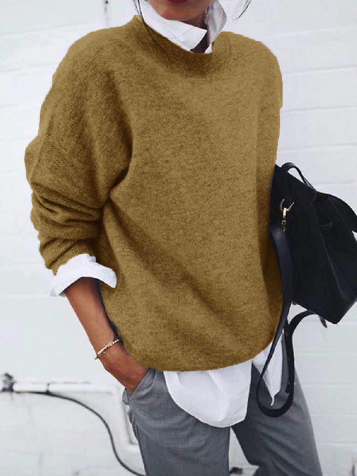 Women's Autumn Long Pullover Solid Color Knitted Sweaters