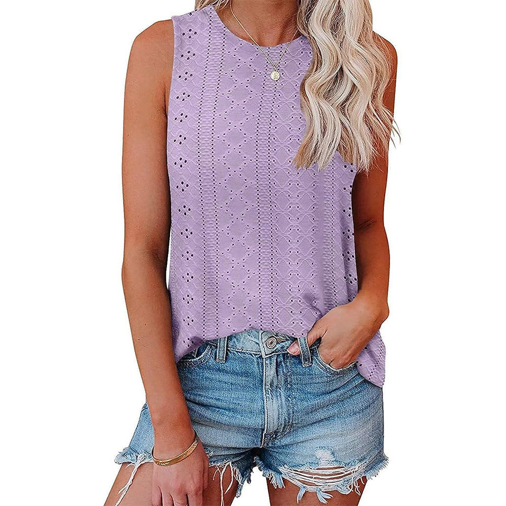 Women's Eyelet Fabric Round Neck T-shirt Sleeveless Blouses