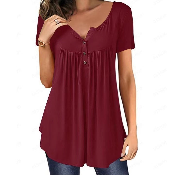 Women's Summer Solid Color Button Loose Short-sleeved Blouses
