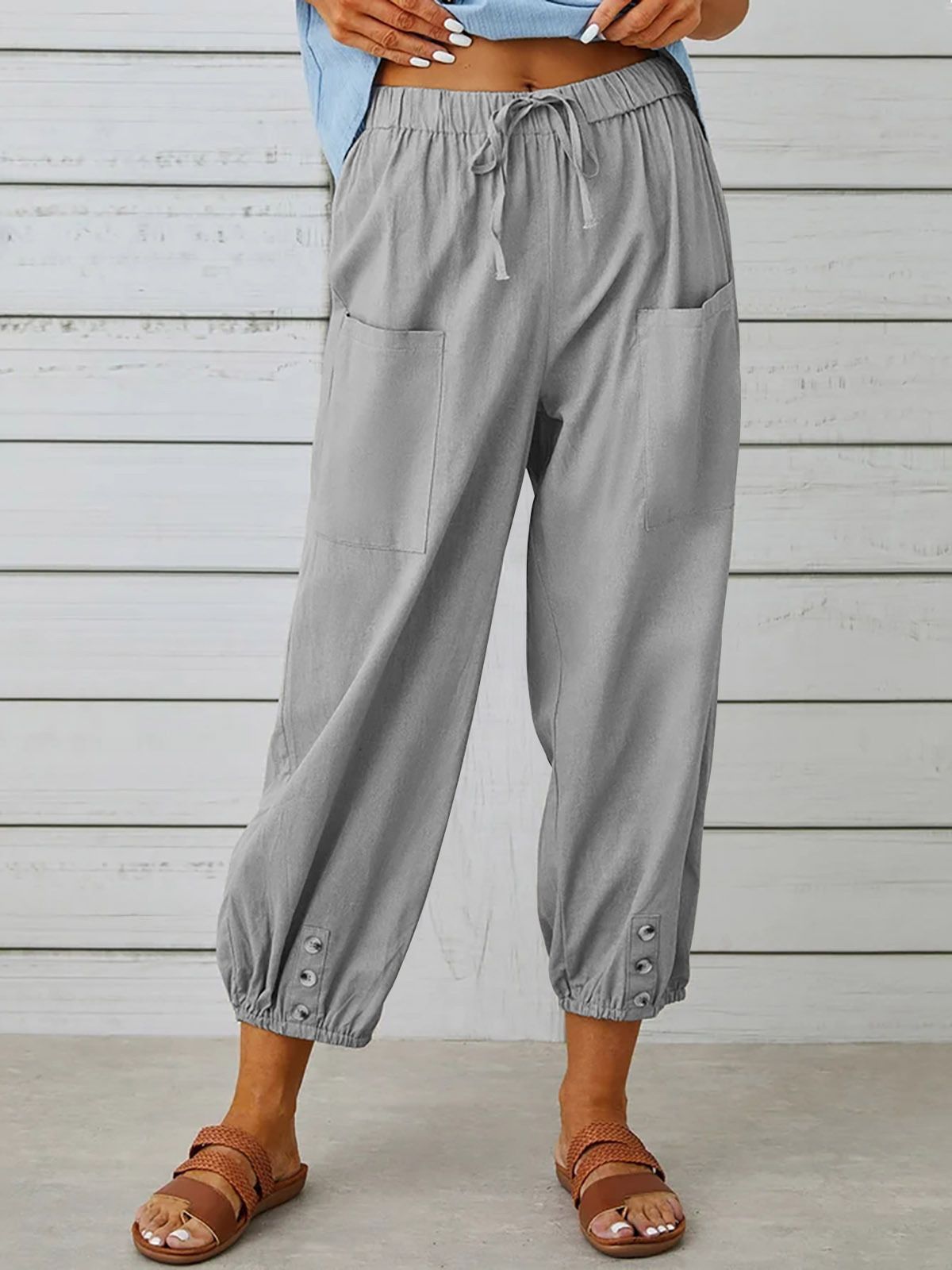 Women's Loose High Waist Button Cotton And Linen Trousers Pants