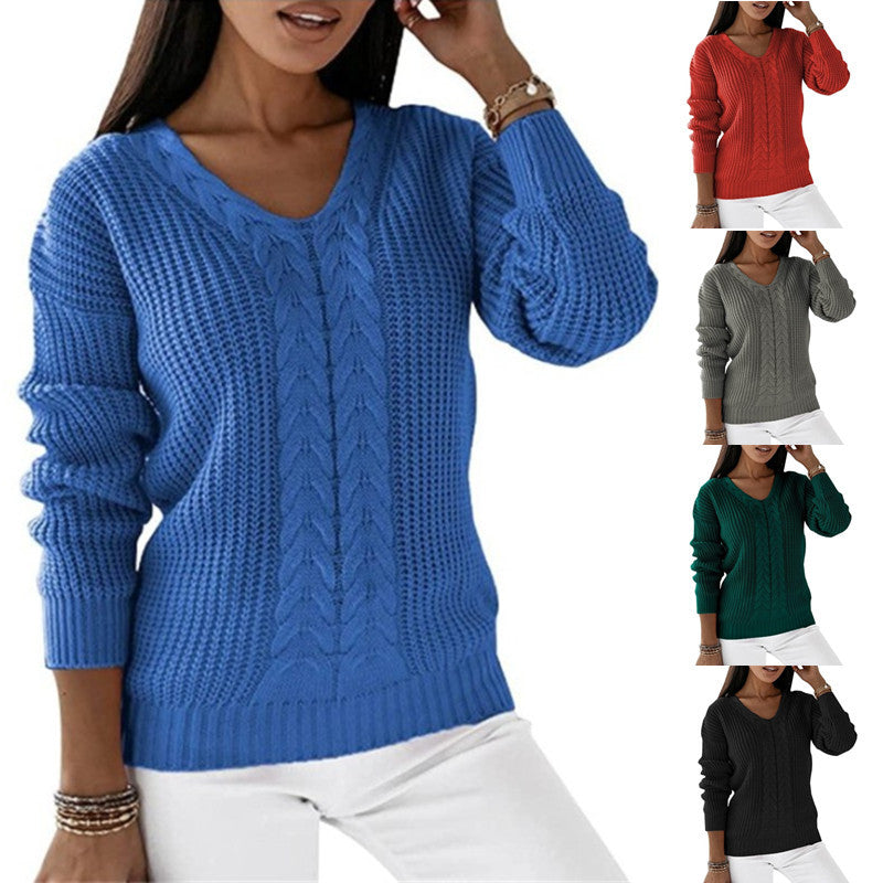 Women's Long Sleeve V-neck Solid Color Twist Tops