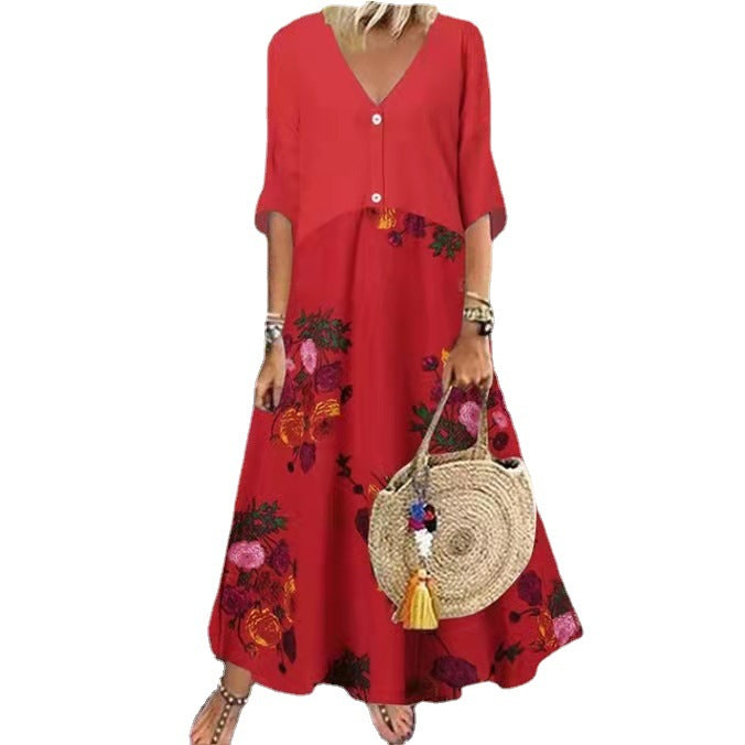 Summer V-neck Sleeve Printed Long Button Dresses