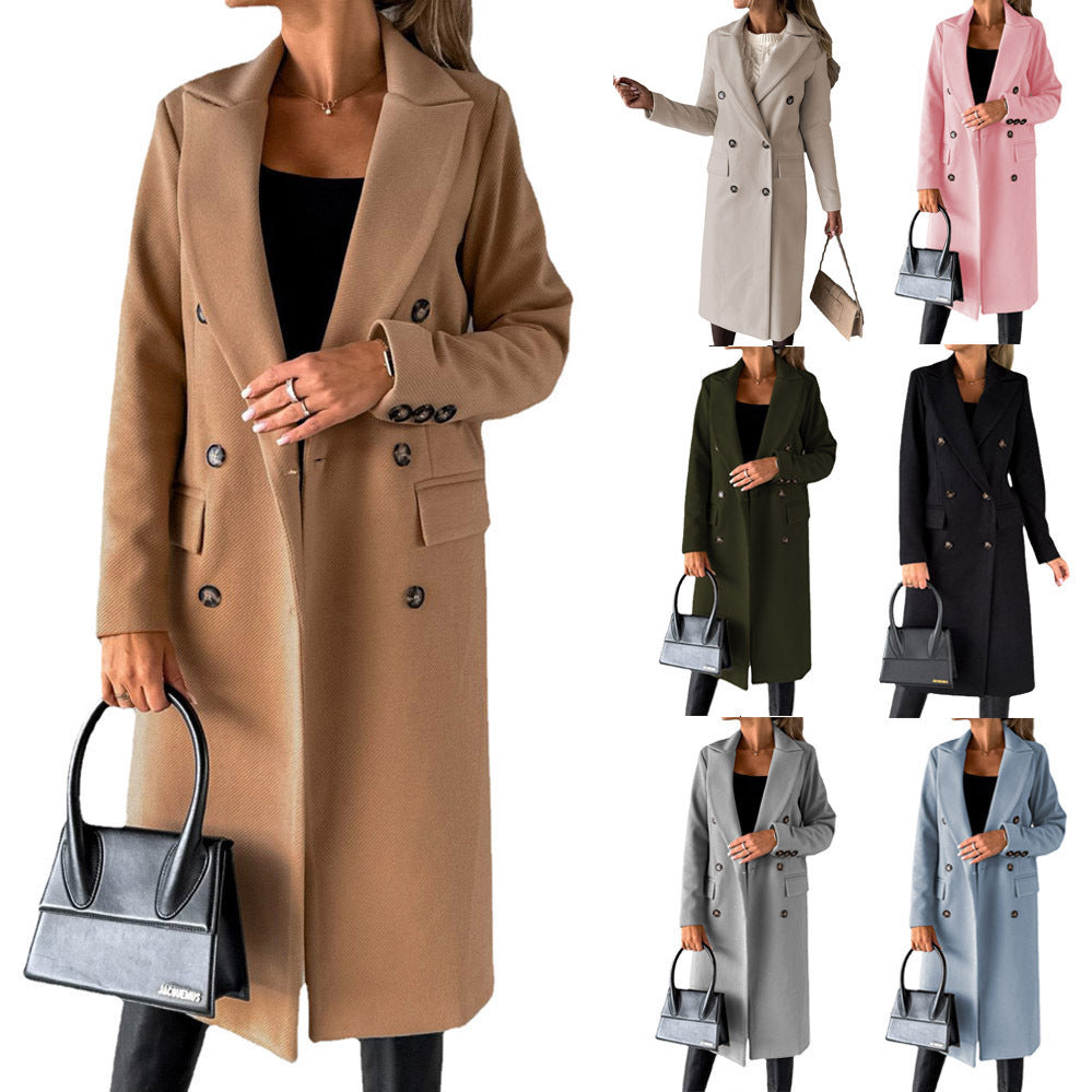 Women's Woolen Solid Color Long Sleeve Double Coats