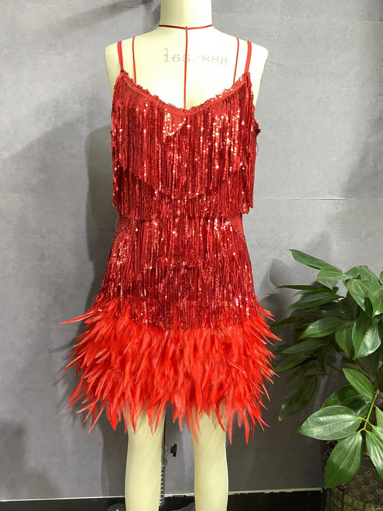 Fashion Tassel Sequins Feather Stitching Dress Dresses