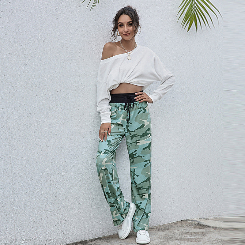 Women's Lace-up Casual Trousers Fashion Loose Printed Pants