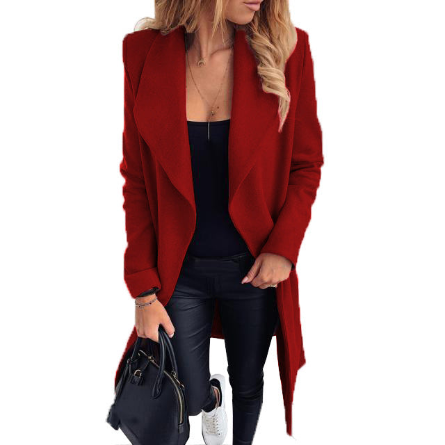 Women's Fashion Tie Lapel Solid Color Woolen Coats