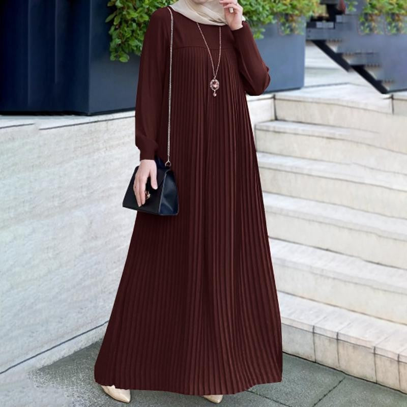 Women's Wear Arabic Style Elegant Pleated Solid Dresses