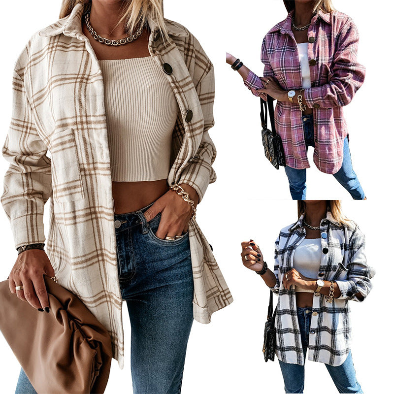 Women's Plaid Shirt Loose Mid-length Woolen Coats