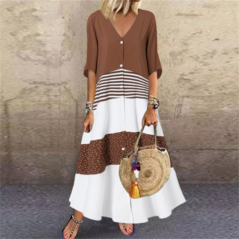 Summer V-neck Sleeve Printed Long Button Dresses