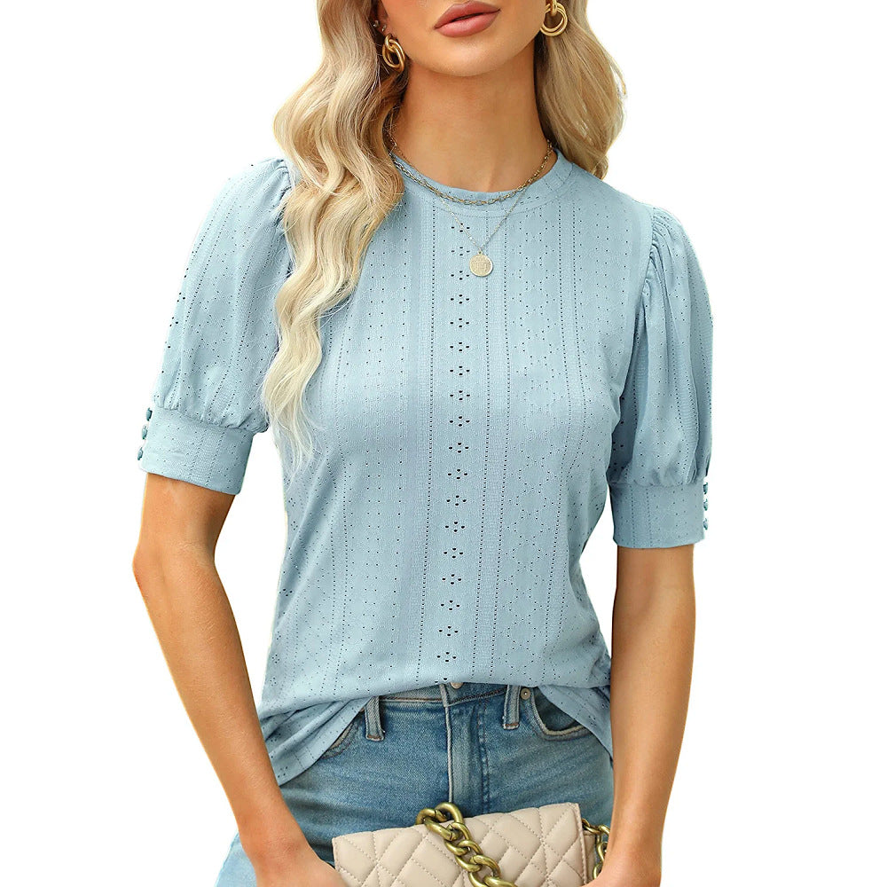 Women's Summer Ladies Button Hollow Puff Sleeve Blouses