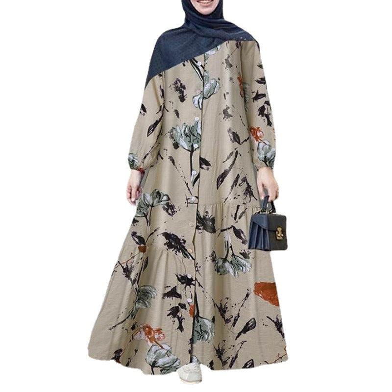 Women's Muslim Cotton Linen Long Sleeve Fashion Loose Casual Floral Dresses