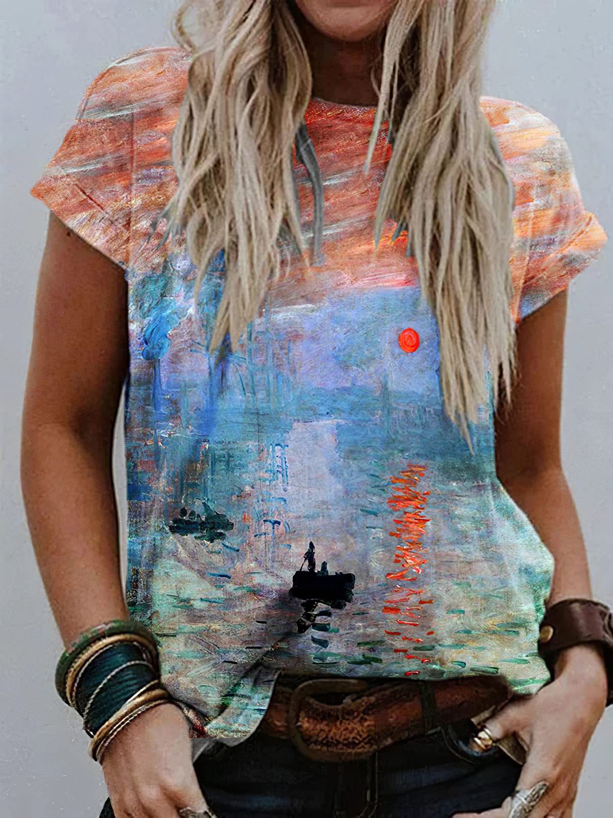 Women's Retro Oil Painting Watercolor Printed Short-sleeved Blouses