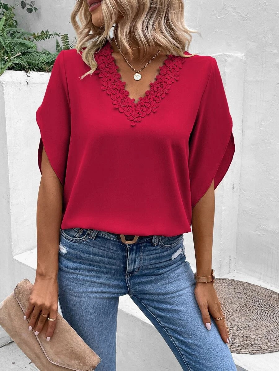 Women's Summer Solid Color V-neck Flared Sleeves Blouses