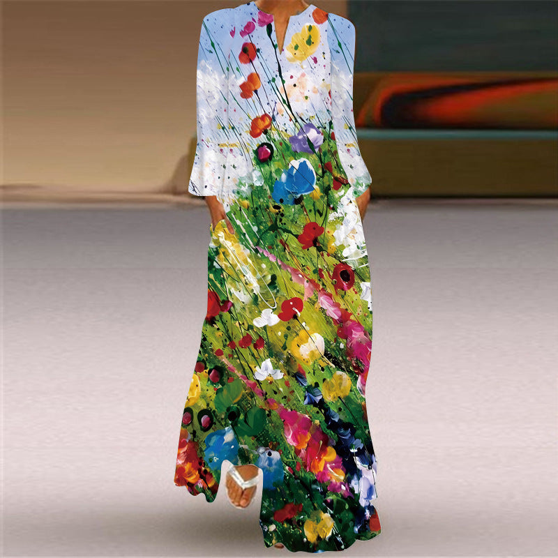 Women's Long Dress Sleeve Pocket Printed Loose Dresses