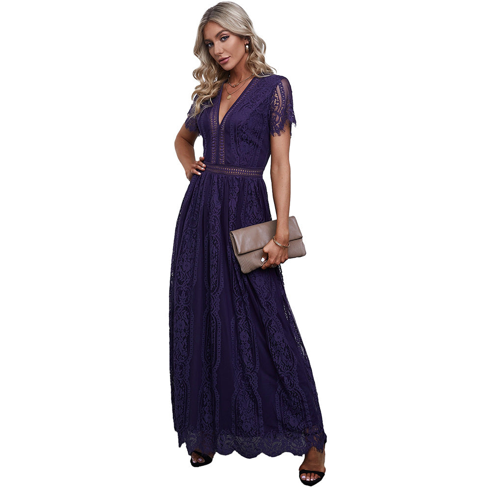 Women's Solid Color Lace Ruffled Sleeves Stitching Dresses