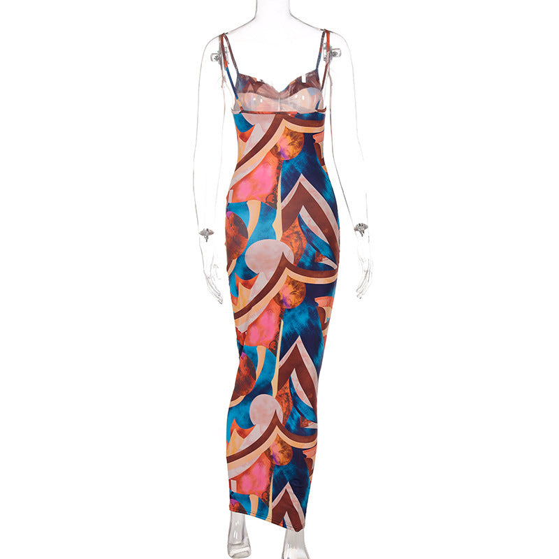 Women's Floral Print Slit Backless Tube Slim Dresses