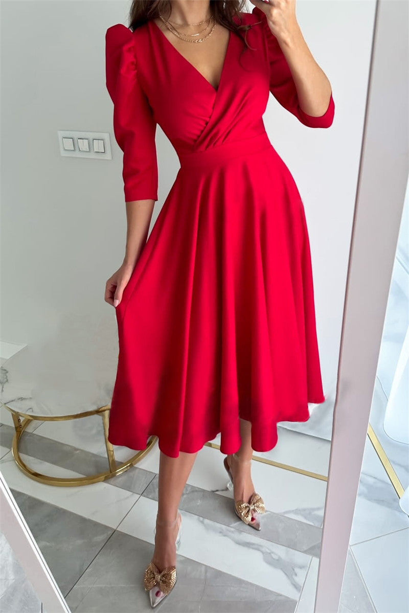 Women's Solid Color Pleated Waist Tight Sleeve Dresses